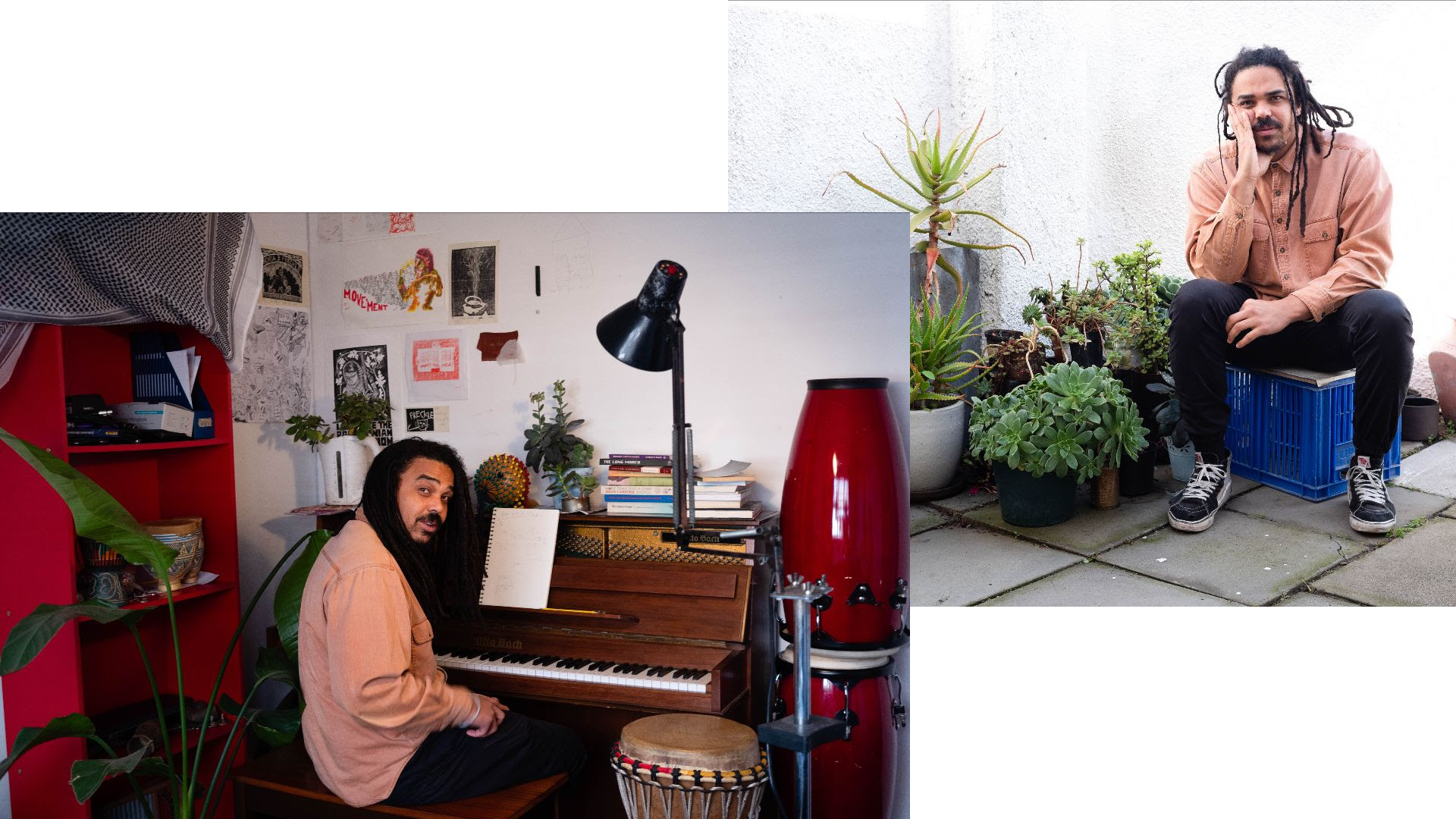 A collage of two portraits of Asher Gamedze. One indoor behind a piano, one seated outside next to plants.